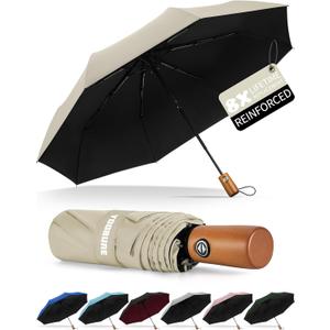 Yoobure Windproof Travel Umbrella with Wood Handle, Automatic Umbrellas for Rain & UV Sun Protection, Compact 46" Large Canopy, Lightweight Backpack Portable for Walking & Outdoor (Beige)
