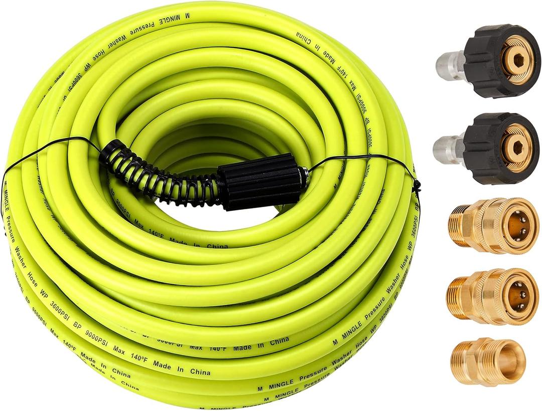 M MINGLE Pressure Washer Hose 100 FT x 1/4" - Replacement Power Wash Hose with Quick Connect Kits - High Pressure Hose with M22 14mm Fittings - 3600PSI