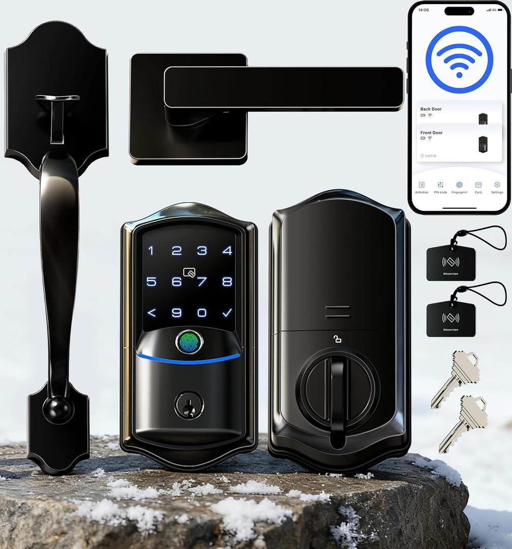 Veise VE027-H Built-in Wi-Fi Fingerprint Smart Deadbolt Lock with Handleset, App Remote & Voice Control, Keyless Entry Front Door Lock Set, Touchscreen Keypad, Auto-Lock, Easy Setup, Matte Black