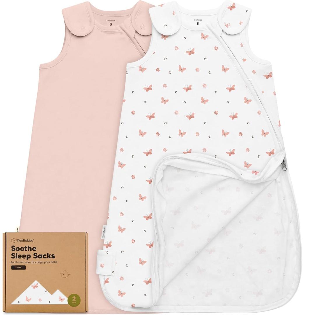 2-Pack Organic Baby Sleep Sacks, 100% Cotton - Soft & Breathable 0.5TOG Baby Wearable Blanket, Toddler Sleeping Sack 0-6 months, Easy to Wear Transitional Swaddles for Newborns (Butterflies, S)