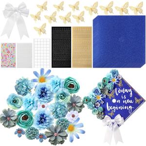 Gilprop 56 Pcs Graduation Grad Cap Decorations Kit DIY Glitter Card Stock Construction Paper Bow Artificial Flower Heads 3D Butterfly Rhinestones Letter Stickers Adhesive Dots for Grad Hat(Blue)