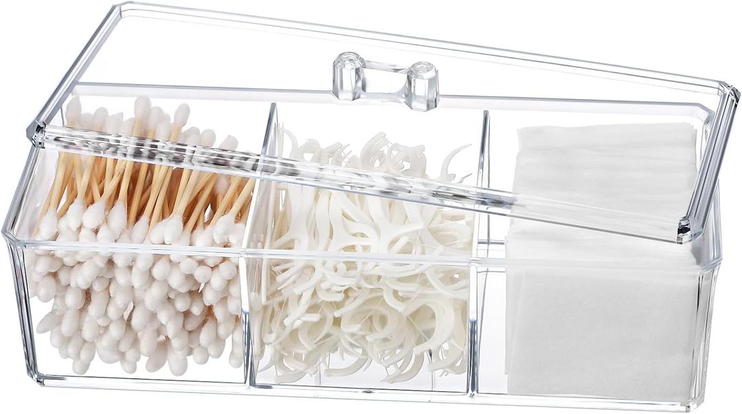 Qtip Holder Transparent 3 Compartments Cotton Ball and Swab Holder Organizer with Lid,Jar for Cotton Rounds,Bathroom Containers,Clear Acrylic Desk Organizer for Makeup Pads,Cosmetics Bedroom