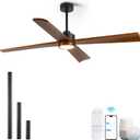 52" Outdoor Smart Ceiling Fan with Lights for Patio, Damp Rated Walnut Wood Blades, Alexa Wifi Remote Contral, High CFM Quiet DC Fan, 3 Long Dowmrod for Sloped/Tall Ceiling, Porch Garage Living Room