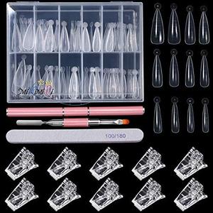 MIKIMIQI Dual Nail Forms Set Poly Gel Quick Building Nail Kit, 120Pcs Stiletto Gel Nail Molds with 10Pcs Acrylic Nail Tips Clips 1Pc Dual-Ended Poly Extension Gel Brush Nail File for Polygel Extension