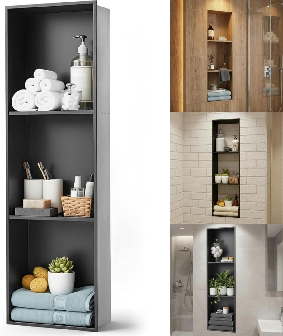 LEIFIDE 36 x 12 Inch 3 Tiers Shower Niche 304 Stainless Steel Shower Niche No Tile Needed, Recessed Shelf for Bathroom Wall, Home Bathroom Storage, Matte Black, 35.43 x 11.02 x 4.92 inches