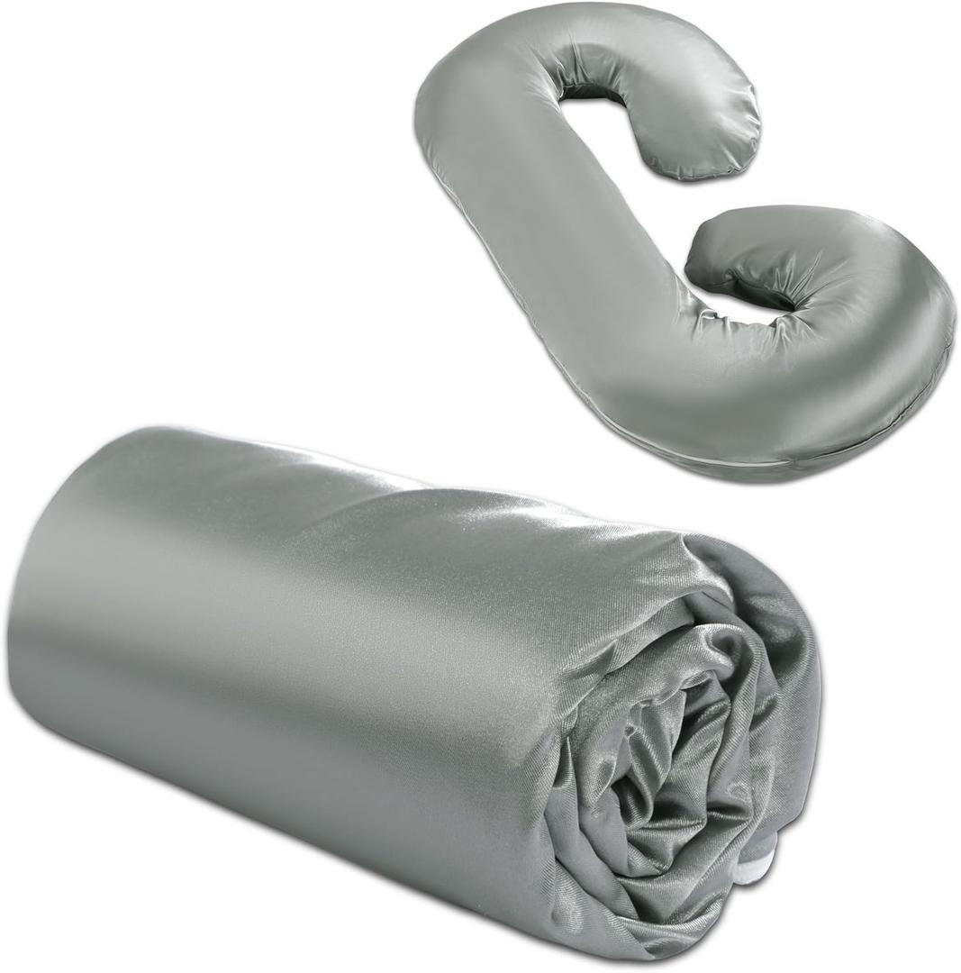 BALAPET Silky Satin Pregnancy Pillow Cover (ONLY Pillowcase), C Shaped Large Luxurious Smooth Maternity Pillow Cover with Hidden Zip, Soft & Breathable Pillow Protector for Side Sleeper, Dark Grey