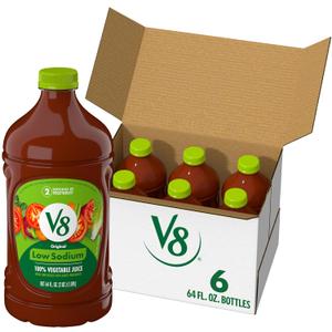 V8 Low Sodium Original 100% Vegetable Juice, 64 fl oz Bottle (6 Pack) (EXP 03/16/27)