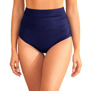 Zmart High Waisted Bikini Bottoms - Women's Full Coverage Ruched Bathing Suit Bottom Low Cut Swimsuit Navy Blue XXL (Blue, XXL)