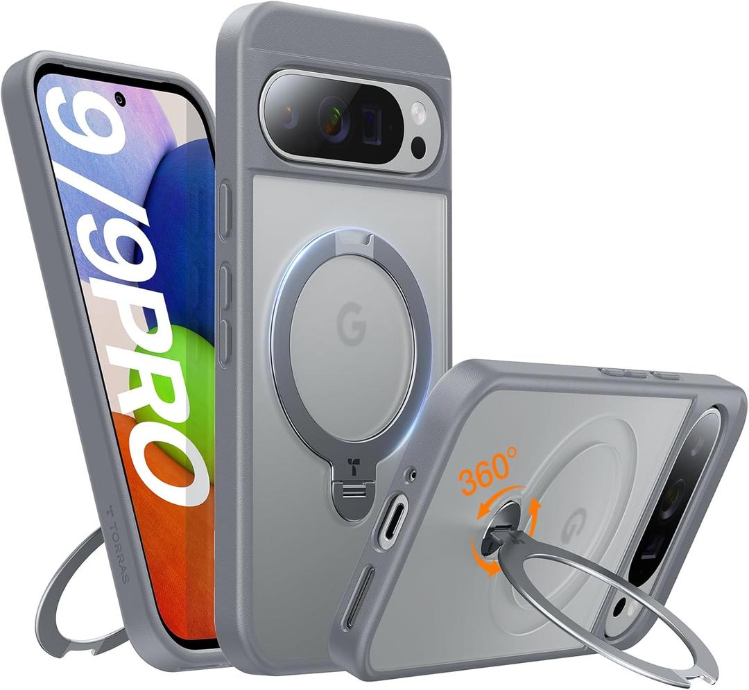 TORRAS 360Spin Magnetic Stand for Google Pixel 9 Pro Case/Pixel 9 Case, 12FT Military Protection, Compatible with Magsafe, Shockproof Translucent Slim Pixel 9 Pro Phone Case with Ring Holder, Grey