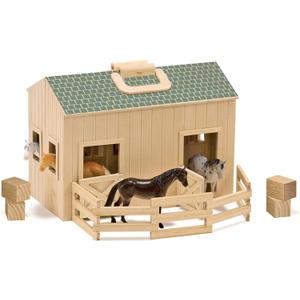 Melissa & Doug Fold and Go Wooden Horse Stable Dollhouse with Handle and Toy Horses (11 pcs)