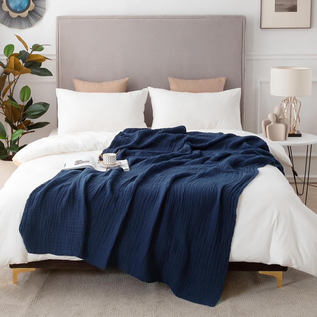 EMME Cotton Muslin Blanket King Size - Soft, Breathable Layering Blanket, 108"x90", All Season Gauze, Navy