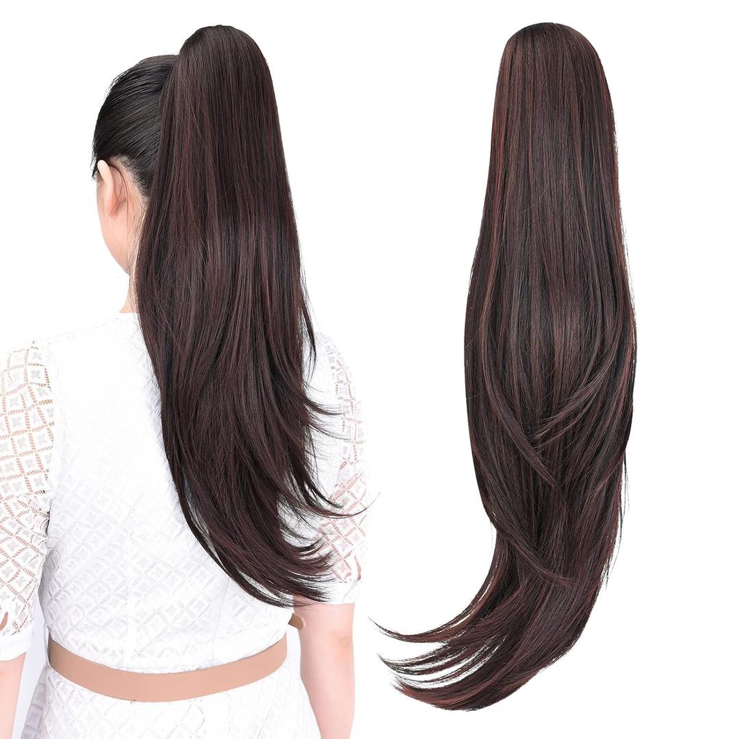 Ponytail extension,24" claw clip hair extensions ponytail Long straight Hair Extension Natural Looking Synthetic Hairpiece for Women Dark Brown
