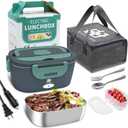 Electric Lunch Box for Car, 3 In 1 Portable Heating Lunch Box with 1.8L Removable Stainless Steel Container, 80W Leak Proof Food Warmer 110V 12V 24V for Truck Home Office (Blue Green)