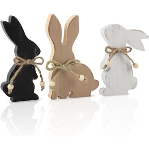 COCHIE Easter Decorations for The Home, Rustic Farmhouse Wooden Bunny Blocks Tiered Tray Decor Set of 3, Vintage Wood Bunnies Sign for Table Top Office Party Shelf Decoration (Colorful)