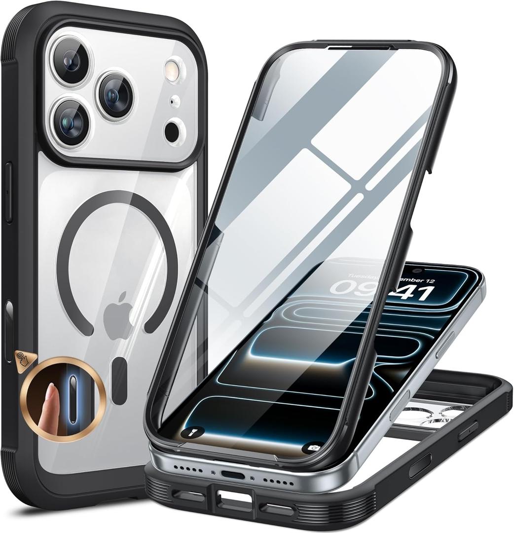 Miracase for iPhone 17 Pro Max Case 6.9" Full-Body Phone Case with Built-in Glass Screen Protector& Full Camera Protector, Camera Control [Magnetic with MagSafe] Drop Proof 17 ProMax Cover, Black