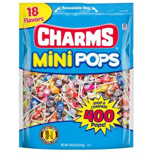 Tootsie Roll Charms Mini Pops - 4.5 lb Bag of Individually Wrapped Fruity Hard Candy Lollipops in 18 Fun Flavors - Peanut and Gluten Free, 400 Count, Packaging May Vary