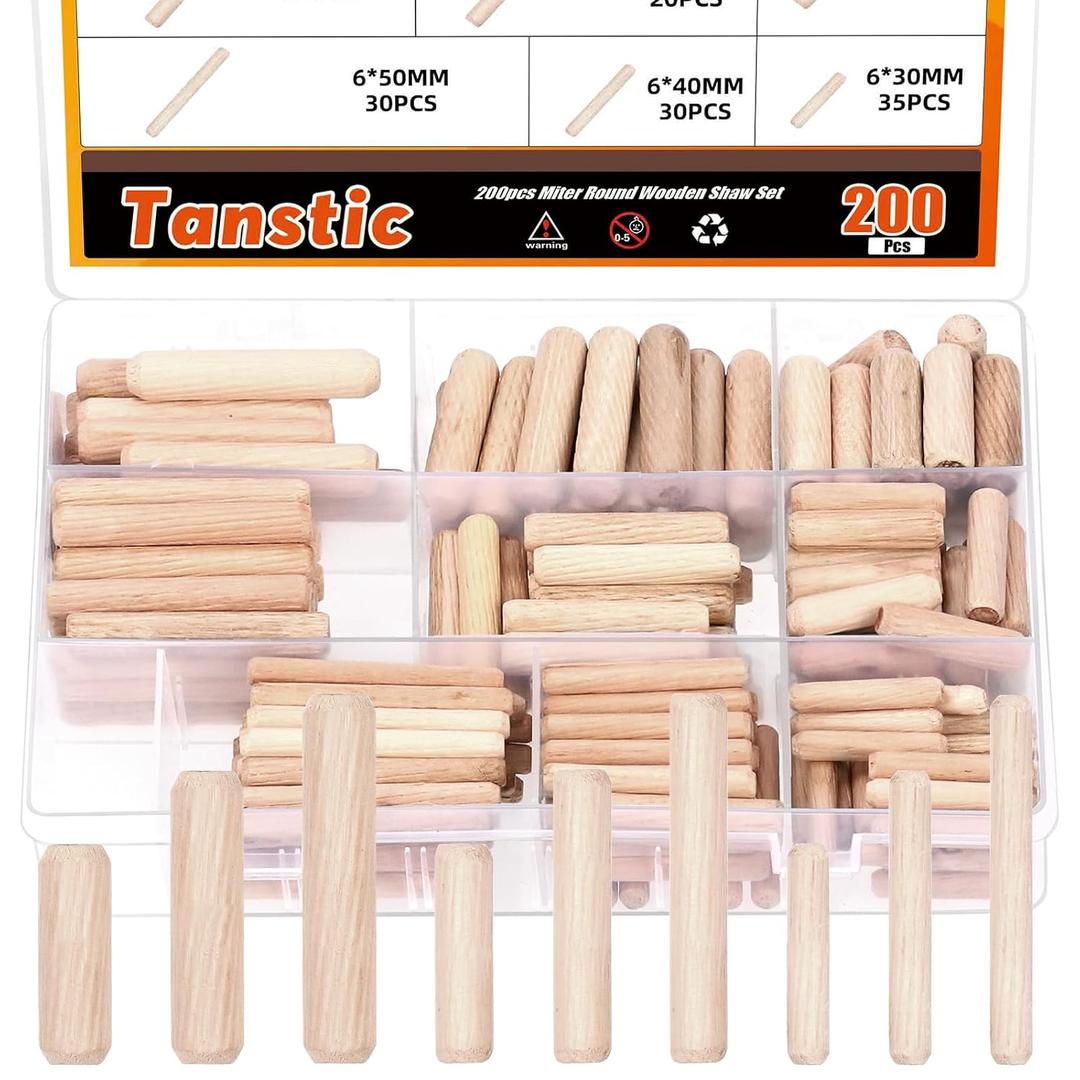 Tanstic 200Pcs 9 Sizes Wooden Dowel Pins, 6mm 8mm 10mm Wood Beveled Ends Tapered Pins, Straight Groove Wooden Dowel Pins for Furniture Door Art Crafts Projects