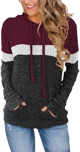 MixShe Women’s Color Block Knit Hoodie – Casual Long Sleeve Pullover Sweater Tops with Pocket S