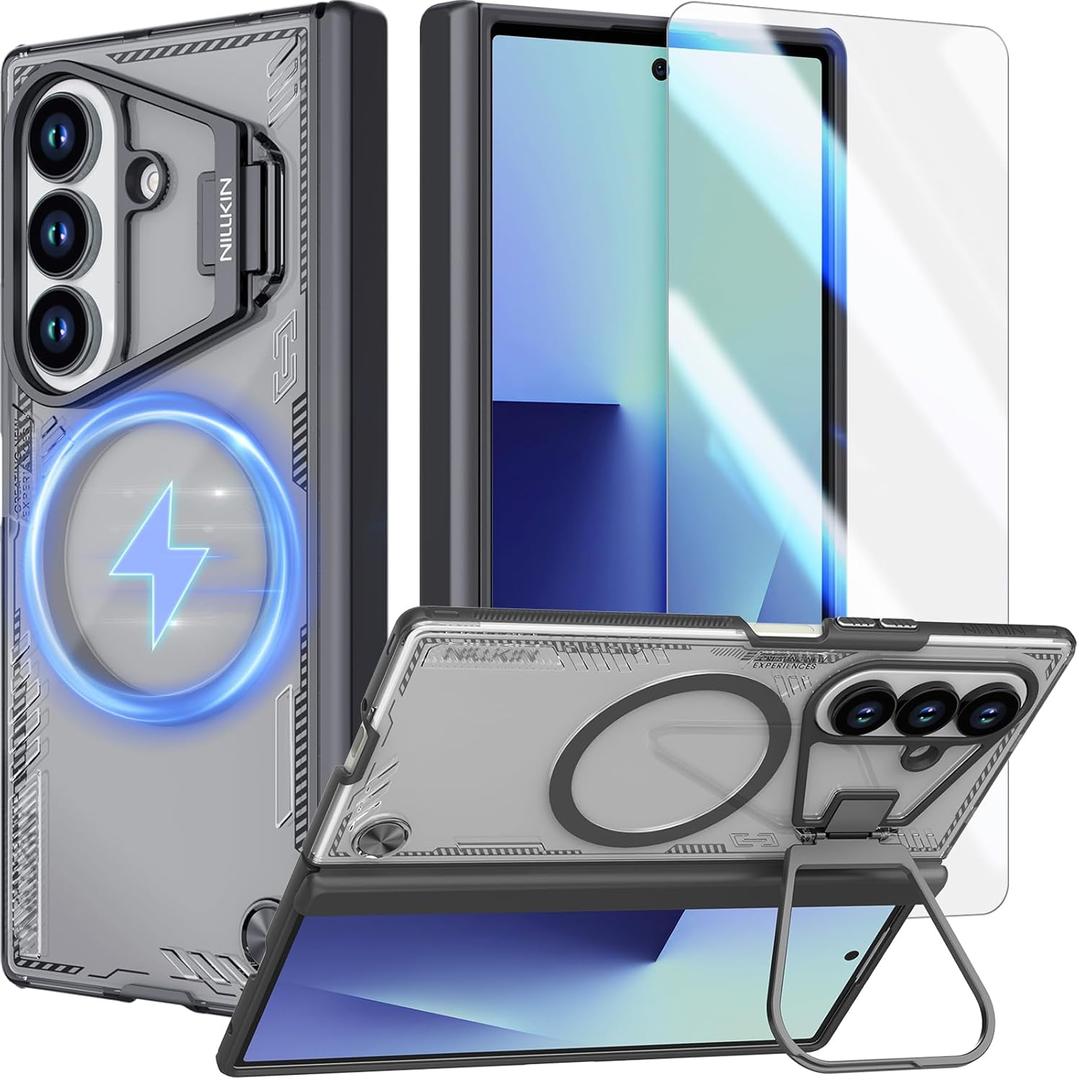 Nillkin for Samsung Galaxy Z Fold 7 Case, Compatible with MagSafe, Built-in [Screen Protector] [Hinge Protection] [Kickstand] Slim Magnetic Anti-Yellow Phone Case for Galaxy Z Fold 7 - Clear Black