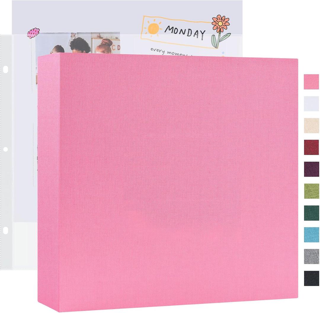 Mublalbum 12x12 Inch Large 3 Ring DIY Scrapbook Photo Album with 40 Plastic Sleeves 80 Pages Linen Cover Folder Binder for Baby Travel Wedding Couple Anniversary and DIY Projects (Pink)