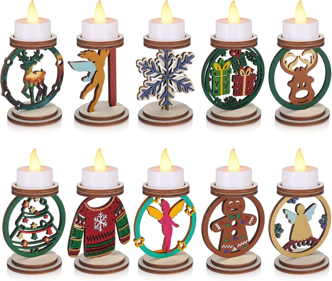 Kathfly 10 Pack Winter Wood Candle Holders Wonderland DIY Candle Holder Cutout Reindeer Snowflake Candlestick for Christmas Holiday Dining Table Living Room Indoor Decorations