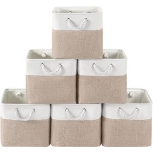 13 x 13 Inch Cube Storage Bins, 6 Pack Fabric Storage Basket with Handles, Foldable Boxes Organizer for Shelf Baskets for Home, Clothes (White/Khaki)