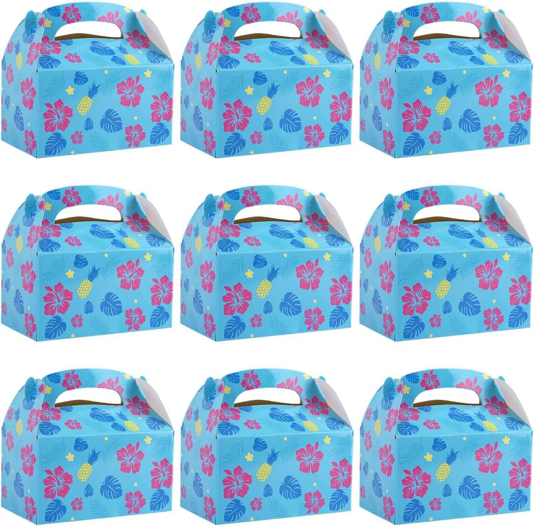 18pcs Cartoon Story Party Favor Box, Hawaiian Theme Gift Box with Hibiscus Flower Palm Leaves Printing for Hawaiian Luau Tropical Summer Birthday Party Supplies