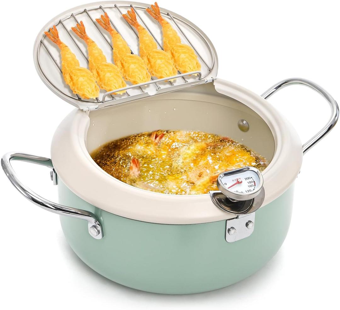 ZOOFOX Deep Fryer Pot with Thermometer, Japanese Frying Pot with Lid and Oil Drain Rack, Non-stick Tempura Fryer Pan for Kitchen French Fries, Chicken, Seafood