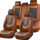 Coverado Car Seat Covers Full Set, Nappa Leather Seat Covers for Car, Waterproof Car Seat Protector with Lumbar Support, Automotive Seat Covers Universal Fit for Most Cars SUV Trucks (Brown-Black)