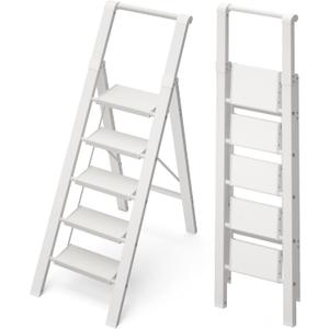5 Step Ladder Foldable, Lightweight Aluminum Step Stool | Folding frame with handrail, small step platform with anti-slip, 330 lbs for home,kitchen,office,outdoor,White