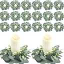 20 Pcs Artificial Eucalyptus Candle Rings, Boho Wedding Candle Holder Wreaths with Green Leaves, Decorative Pillar Candle Rings for Centerpieces and Home Decor