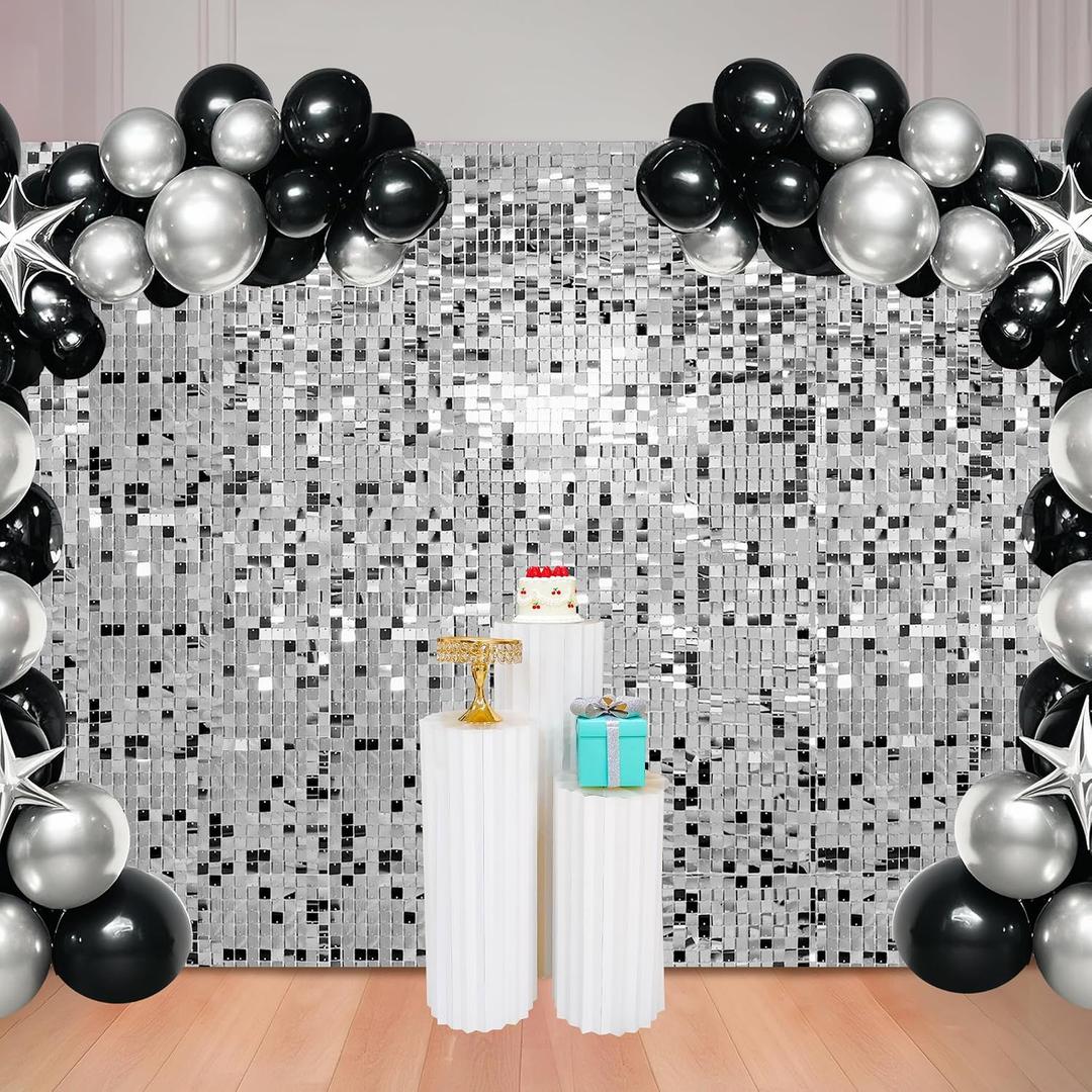 48 Pcs Silver Shimmer Wall Backdrop for Birthday Decorations, 8x6 FT Dynamic Square Sequin Wall Backdrop for Wedding Graduation Disco Engagement Party Proms Anniversary Decor