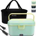Aotto Electric Lunch Box 2L, 90W Fast Heating (12V/24V/110V) Heated Portable Food Warmer for Car/Truck/Office  Stainless Steel Container, Insulated Carry Bag  Ideal for Adults, Men, Women, Green