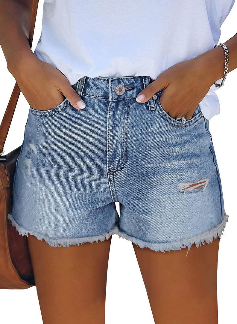 ZOLUCKY Women's Casual Summer Denim Shorts Mid Waisted Stretchy Ripped Jean Shorts with Pockets (Medium, C Light Blue)