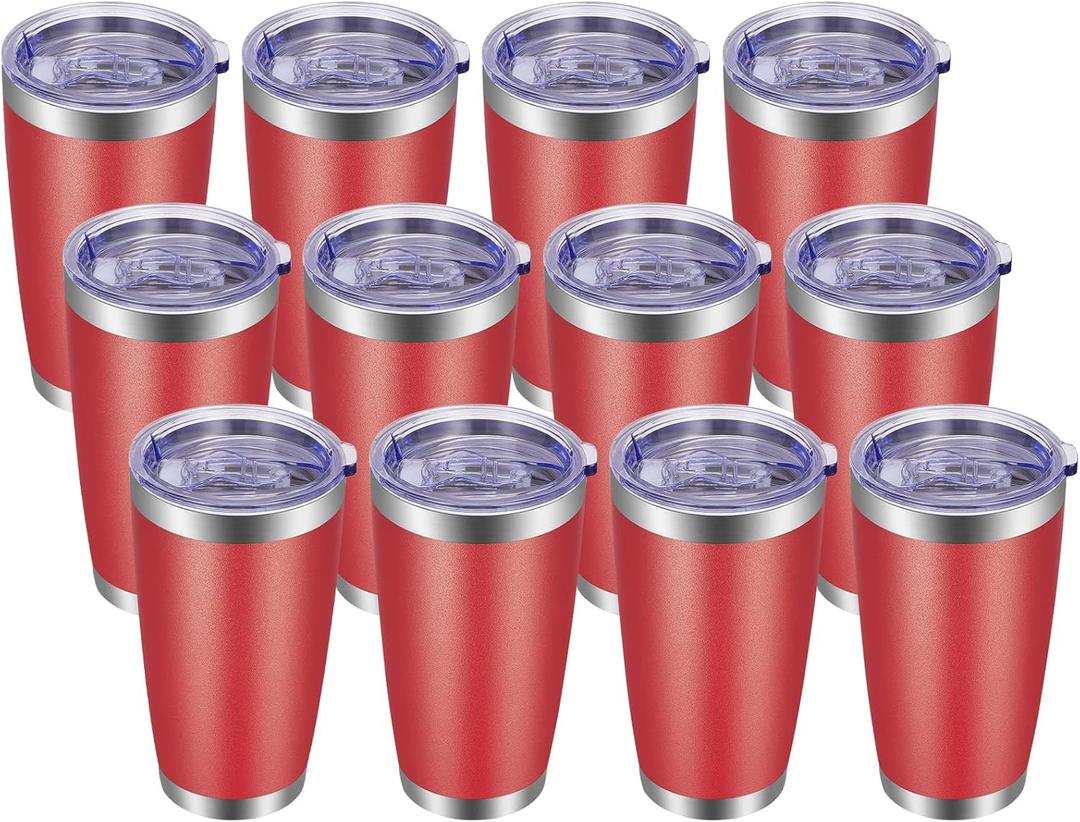 20oz Tumbler with Lid and Straw Stainless Steel Tumbler Cup Bulk Vacuum Insulated Double Wall Travel Coffee Mug Powder Coated Coffee Cup, Red, 12 Pack
