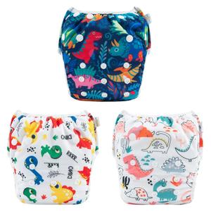 Babygoal Baby Swim Diapers 3 Pack for 0-8 Months Infant Girls and Boys, Reusable Adjustable Washable for Swimming Lessons-Dinosaurs (Small)