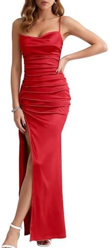 Women’s Elegant Ruched Maxi Dress – Spaghetti Strap Bodycon Party Dress with Slit & Open Back, Red XS