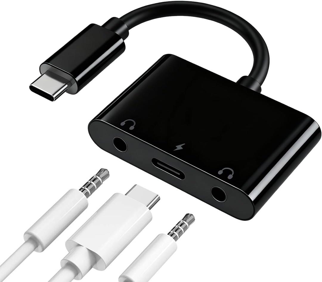 USB C Headphone Adapter, 3 in 1 USBC to 3.5mm Dual Headphone Jack Splitter, USB-C Audio Adapter with Type-c Fast Charging Port