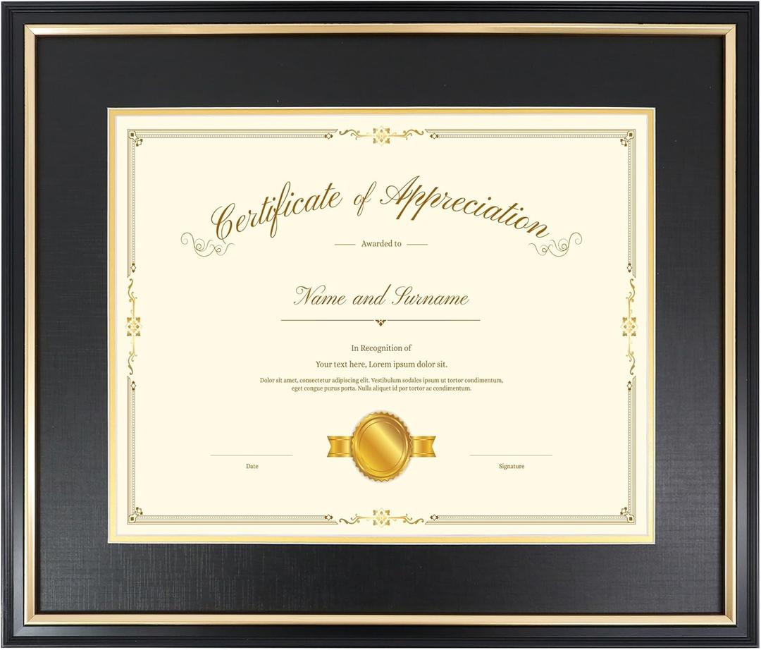 15x18 Diploma Frame for 11x14 Certificate/Document/Picture with Black and Gold Mat, Solid Wood Degree Frame, UV Protection Acrylic Wall Display