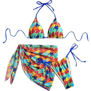 Women's 3 Piece Allover Print Swimsuit Halter String Bikini Sets with Mesh Cover Up Skirt (L)