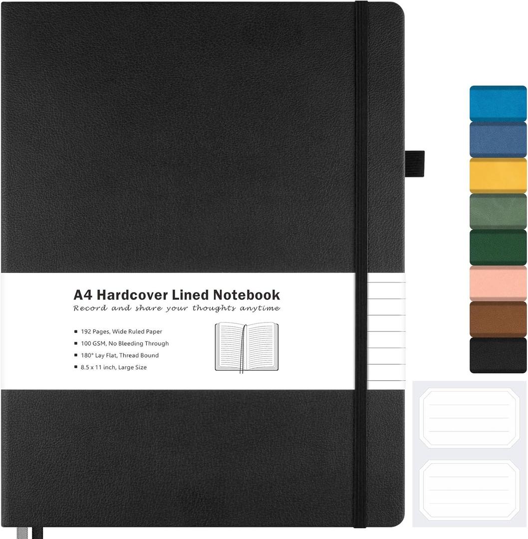 Lined Journal Notebook, 8.5" x 11" Hardcover Leather Notebook for Work, Wide Ruled Notebook Journal for Women Men, 192 Thick Paper, Lay Flat, 2 Pockets, A4 Large Journals for Writing, Black Notebook (A4 Wide Ruled)