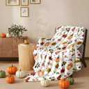 Autumn Harvest Flannel Throw Blanket  Fall Pumpkin and Leaf Pattern  Soft and Cozy Blanket for Sofa or Bed, W60 x L80in (White Leaves)