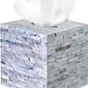 PEMAR 5.9 Cube Mother of Pearl Tissue Box Cover, Decorative Napkin Dispenser Organizer, Rustic Farmhouse Vintage Decor for Table, Kitchen, Bathroom Vanity Countertop, Office (Blue)