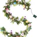 LOAVER 6 FT Lighted Easter Garland,Artificial Garland with 8 Colored Eggs and Flower Faux Branches for Easter Party Holiday Home Indoor Fireplace Decoration