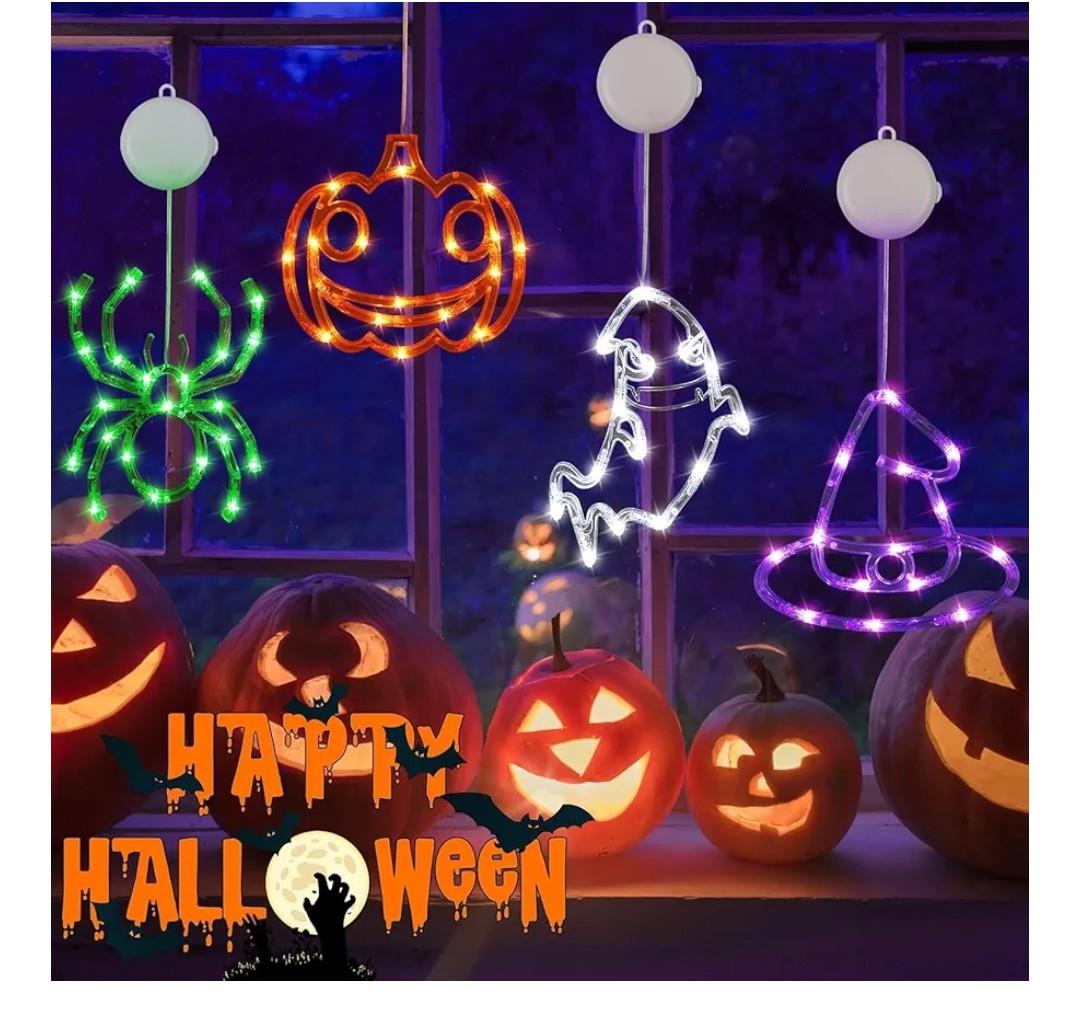4 Pack Halloween Decorations, Orange Pumpkin, White Ghost, Purple Witch Hat, Green Spider Lights, Battery Operated Halloween Window Lights with Suction Cup and Timer for Decor