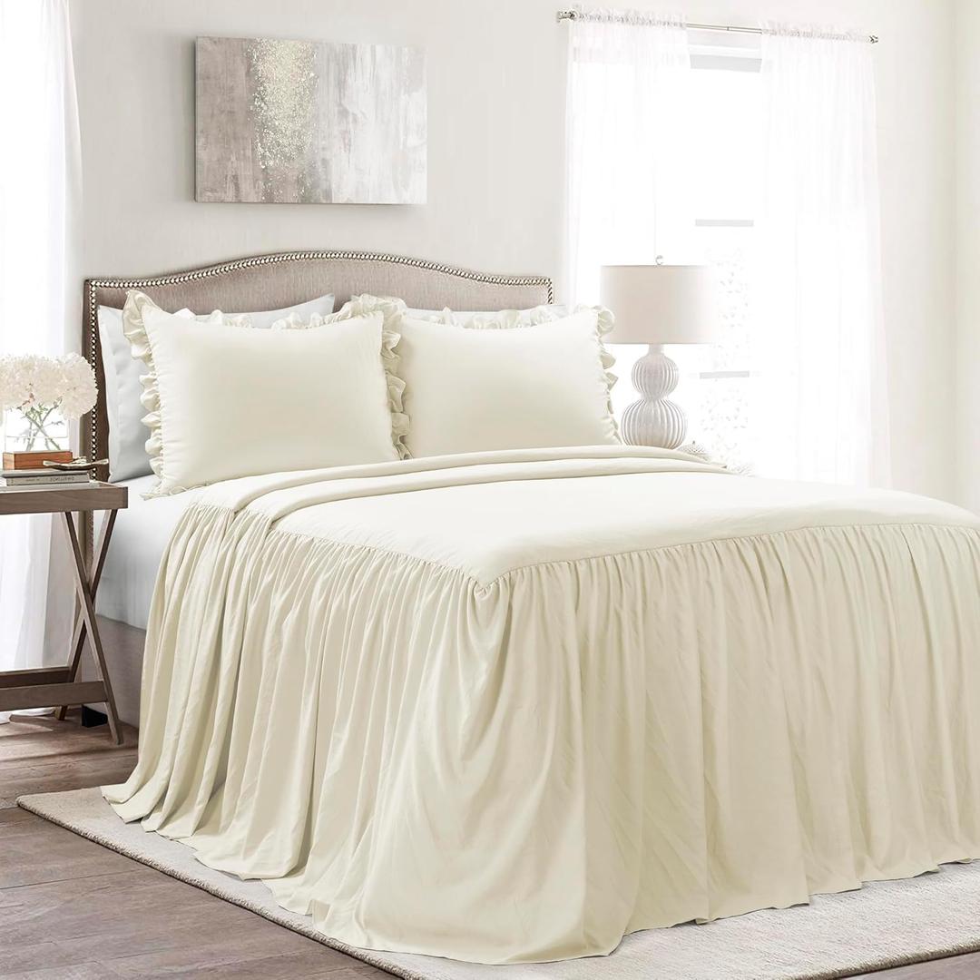 Lush Decor Ruffle Skirt Bedspread Set - 3-Piece Luxurious Farmhouse Bedding - Elegant Ruffle Detail - Timeless Style - Soft Lightweight Sheets - King, Ivory (Pale Yellow/Ivory)