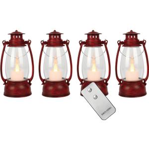 LLQ Small Red Lanterns Decorative with Remote, 7-inch Vintage Western Lanterns with Flickering LED Candle, Camping Decorations, Western Party Decorations, Christmas Centerpieces for Tables, 4-Pack