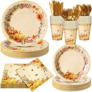Honeydak 210 Pcs Fall Party Supplies for 30 Guests, Includes Plates, Cups, Napkins, Cutlery - Autumn Pumpkin Maple Tableware Decoration for Thanksgiving, Fall Harvest Party