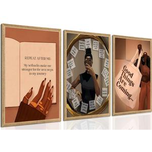 Yudinbin 3pcs Black Girl Poster African American Wall Art Decor Paintings Fashion Abstract Black Woman Poster Canvas Prints Pictures for Living Room Bedroom 12x16 inch Unframed