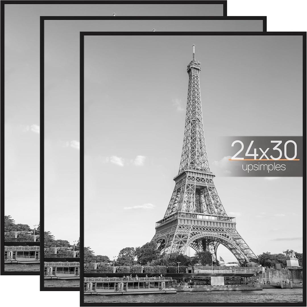 upsimples 24x30 Poster Frame Black 3 Pack, Scratch-Proof Picture Frames 24 x 30 for Photo Gallery - Slide-In Strips, Horizontal or Vertical Wall Mounting